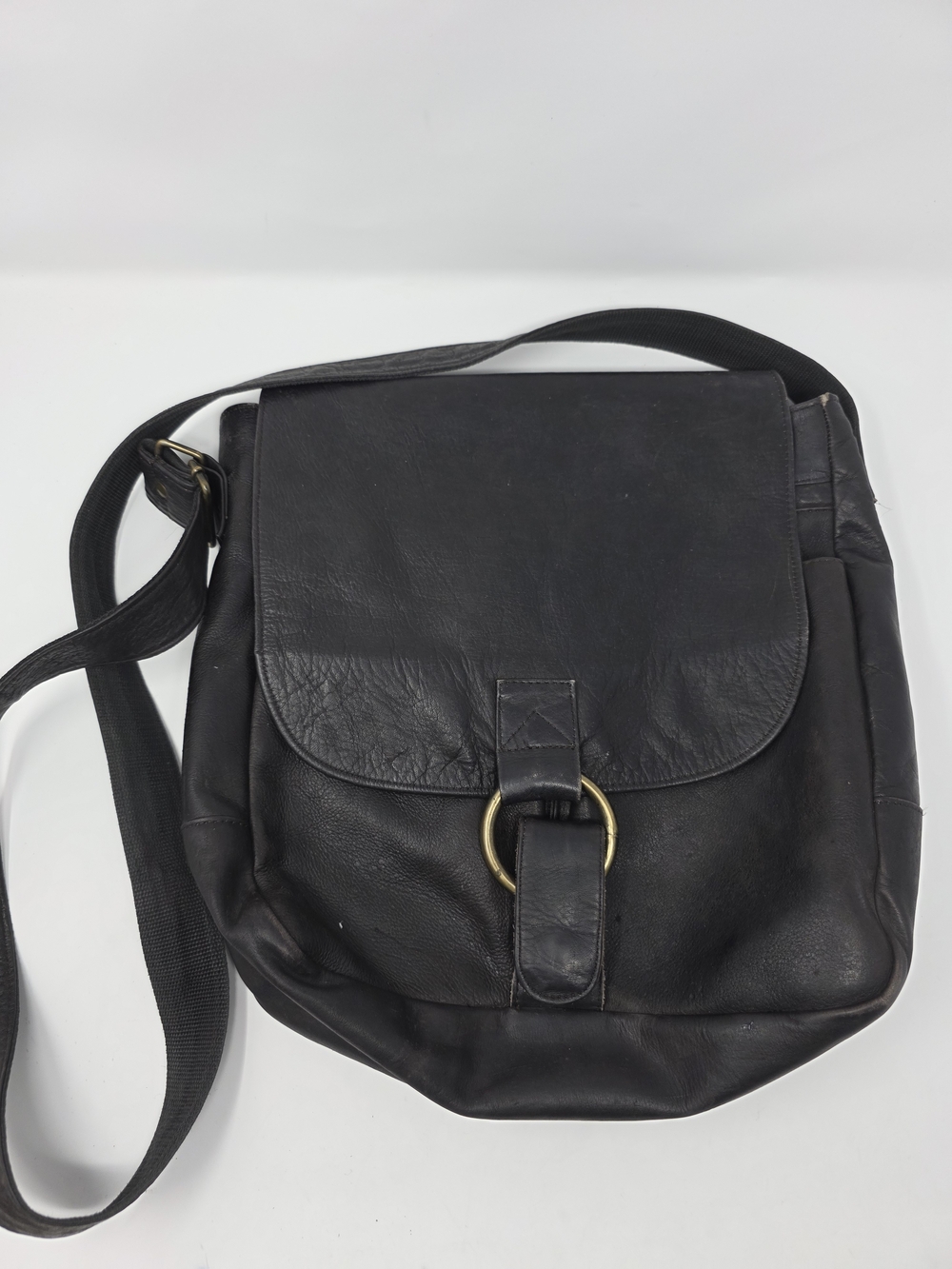 Black Genuine Leather Messenger Bag Crossbody Hair-On-Hide Interior Flap